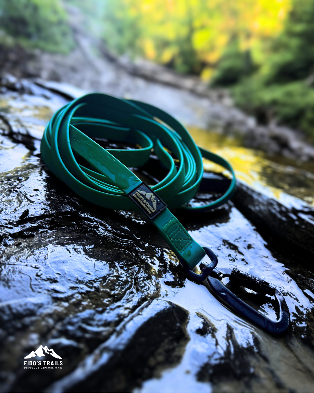 5m waterproof dog long line training lead on wet rocks, durable outdoor dog lead by Fido’s Trails