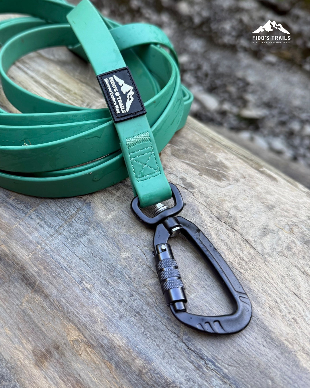 Close-up of heavy-duty carabiner clip on waterproof dog long line by Fido’s Trails