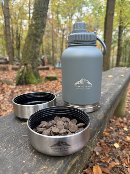Mountain Grey 3-in-1 dog water bottle with detachable bowls placed outdoors
