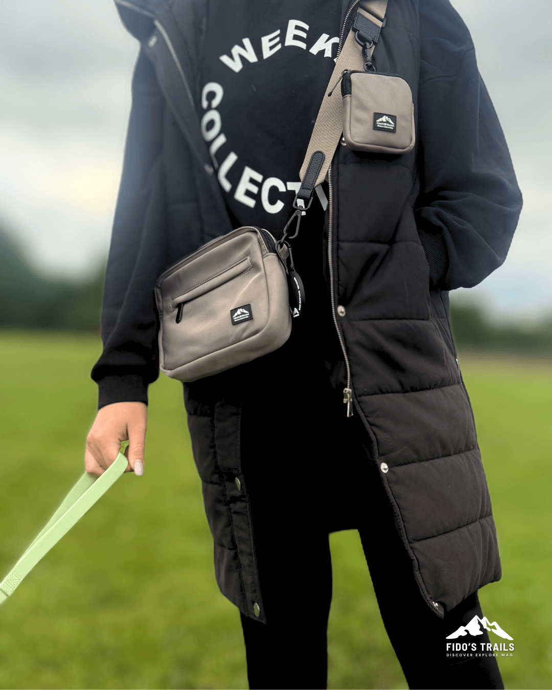 Dog owner wearing mushroom dog walking bag outdoors – Fido’s Trails